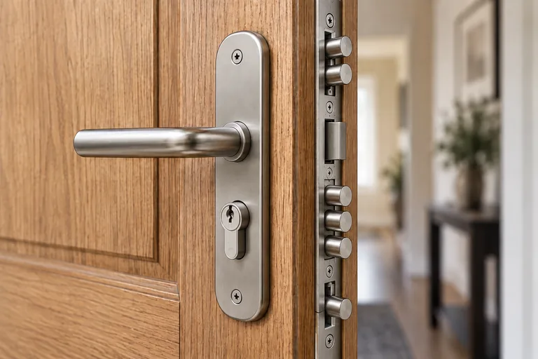 Puerta de madera con cerradura multipunto y elementos de seguridad actualizados
